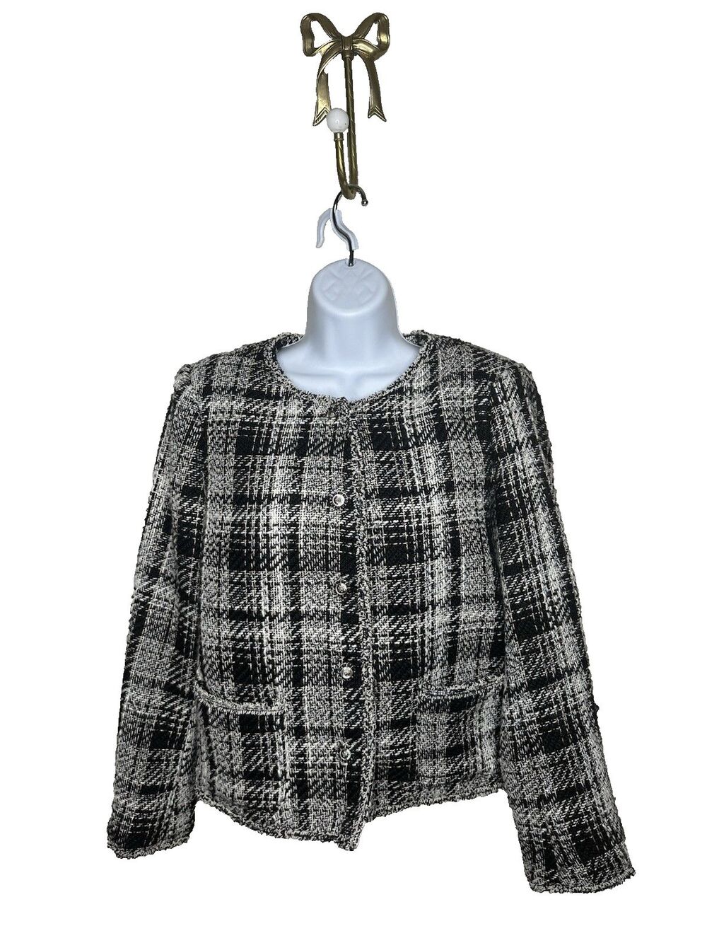Adrianna Papell S Black White Plaid Tweed Jacket Cropped Fringe Trim Coat